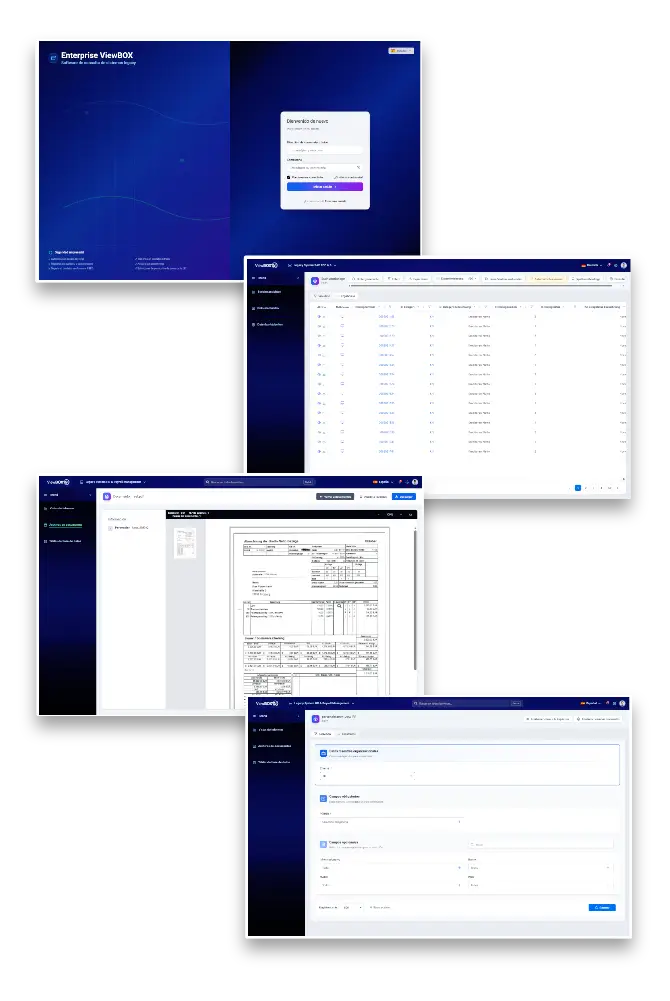 Interfaz web de ViewBox de AvenDATA: inicio de sesión, tablas de datos archivados, visor de documentos contables y filtros de búsqueda