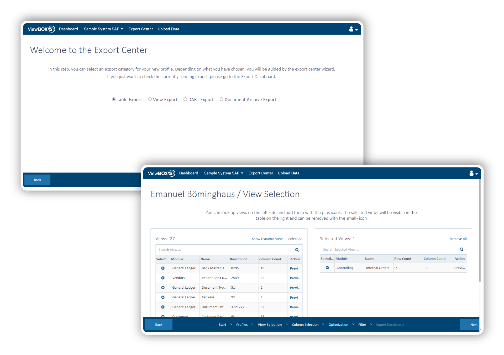 Viewbox software - Export Center screen