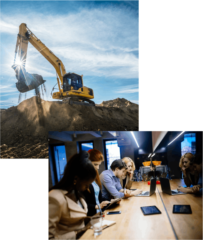 people working at a desk and another image with construction machine in the background